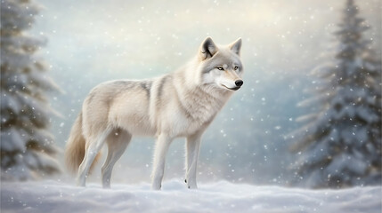 Obraz premium A lone gray wolf standing in a snowy forest, its fur dusted with snowflakes as it gazes into the distance. Snow-covered pines and a soft blue sky fill the background