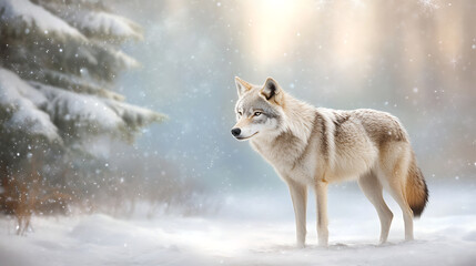 Obraz premium A lone gray wolf standing in a snowy forest, its fur dusted with snowflakes as it gazes into the distance. Snow-covered pines and a soft blue sky fill the background