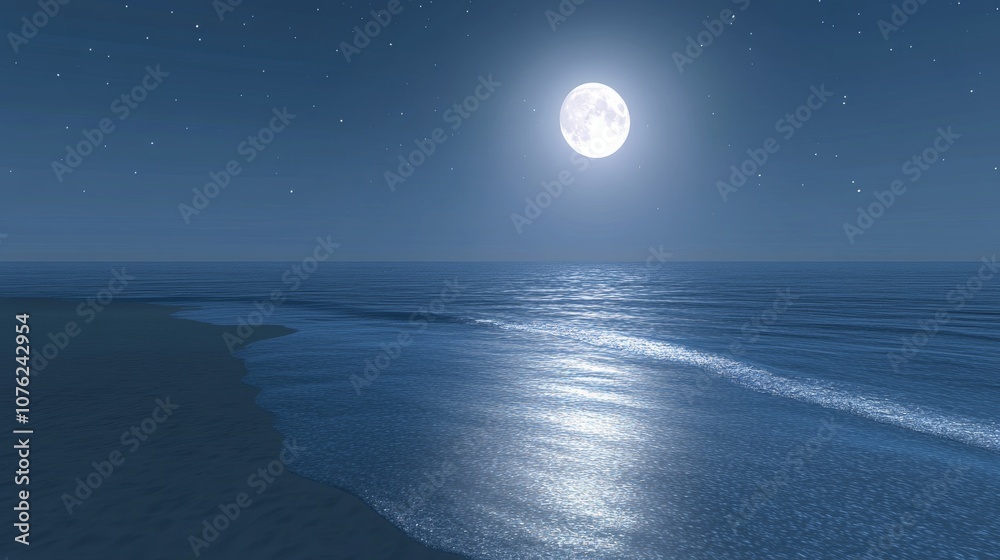 Wall mural a serene ocean scene under a starlit sky, waves gently lapping at the shore, reflecting the moonligh