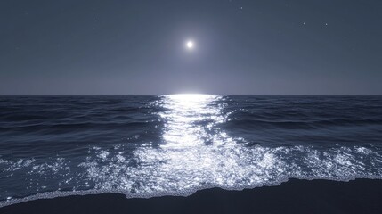Obraz premium A serene ocean scene under a starlit sky, waves gently lapping at the shore, reflecting the moonlight in shimmering silver hues, creating a tranquil atmosphere filled with mystery and calmness.