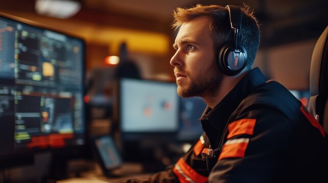 A firefighter in a command center, coordinating emergency response efforts with colleagues on a large incident.