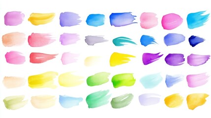 A vibrant collection of abstract watercolor brush strokes, showcasing a spectrum of colors blending seamlessly, each stroke capturing the fluidity and spontaneity of watercolor art, perfect for