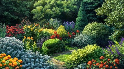 Colorful Flower Garden with Stone Path