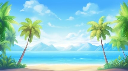 Tropical Beach Landscape with Palm Trees and Blue Ocean