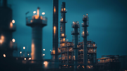 Fototapeta premium Gas refinery with intricate pipework, industrial landscape, twilight, cool tones