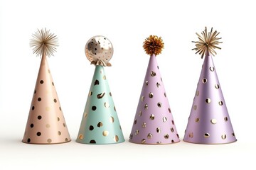 Colorful festive party hats in pastel shades with decorative elements, perfect for celebrations and events. Ideal for festive themes.