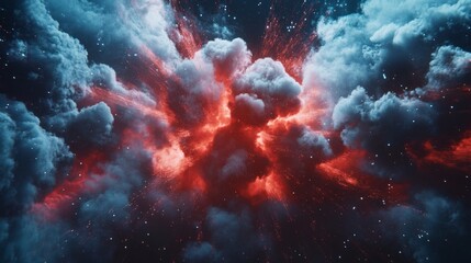 A cinematic cloud explosion with red and blue tones, set in a dark movie-style atmosphere, emphasizing the dynamic and dramatic visual effect