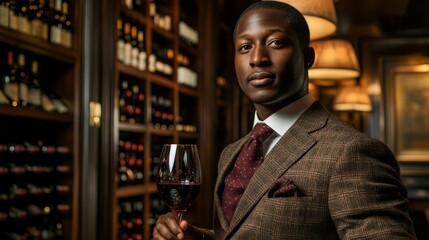 A sophisticated man holding a glass of red wine in an elegant wine cellar.