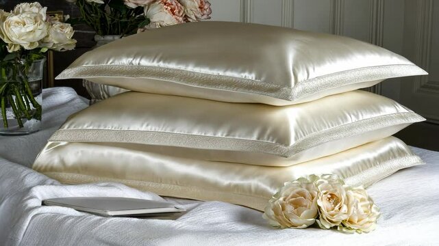 Three ivory satin pillowcases are stacked on a white bedspread