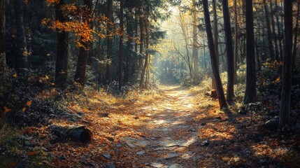 Obraz premium Sunlit Forest Path with Autumn Leaves