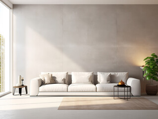 Elegant Living Room Scene in 3D Style with White Sofa Coffee Table and Textured Wall Design