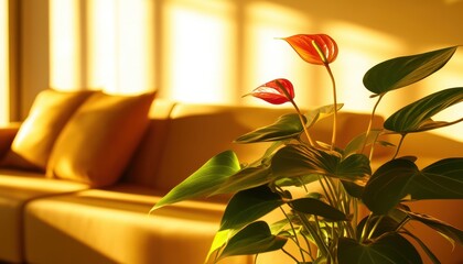 Sunlight through window illuminating plant with red flowers.