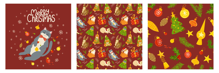 Funny cats celebrating Christmas and New Year. Set of cards and seamless patterns. Background of kittens playing with Christmas ornaments. Vector cartoon holiday print on fabric, wrapping, clothing