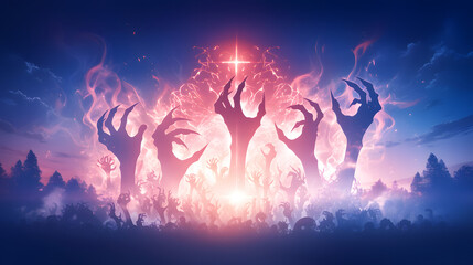 Sinister hands emerging, black silhouettes, eerie mix of bones and flesh.