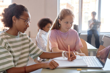 Sunlit portrait of blonde teenage girl working in pair with friend during lesson in school classroom and using laptop