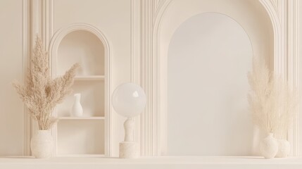 A contemporary classic interior featuring a soft white and beige color palette, adorned with stylish shelves filled with dry plants and a large, elegant lamp, complemented by an empty wall mockup,