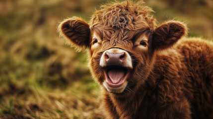 Fototapeta premium Adorable Highland Calf with Open Mouth in Lush Field, Capturing the Fluffy Fur and Expressive Face of a Young Brown Cow