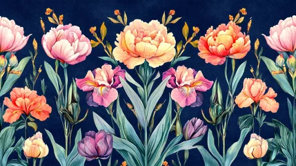 Gardinen Vibrant floral pattern featuring a variety of colorful flowers. This artwork showcases rich details and a dark background. Perfect for home decor or fabric designs. AI © Irina Ukrainets