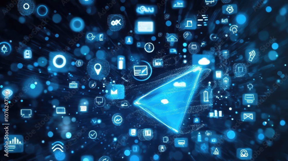 Poster abstract digital background with glowing blue icons and a triangular shape representing the future o