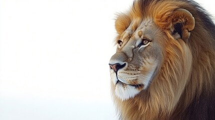 Fototapeta premium A majestic lion with a thick mane stares intensely into the distance, showcasing its powerful presence.