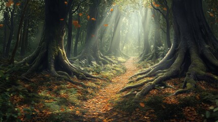 Sunbeams illuminate a path through a dense forest, with fallen leaves and exposed roots lining the way.