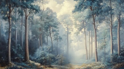 A serene forest path winds through a misty woodland, the sunlight filtering through the tall trees creating a magical atmosphere.
