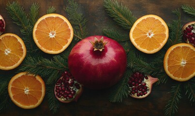 A table with a fruit display of oranges and pomegranates