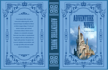 Obraz premium 150-21-Intricate blue book cover design with ornate frame, majestic castle, and classic typography for an adventure novel