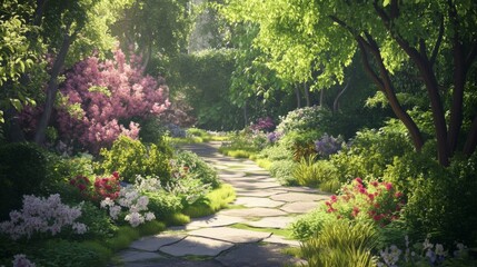 Sunlit Stone Path Winding Through Lush Blooming Garden