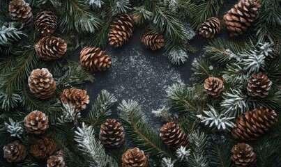 Obraz premium A wreath of pinecones and branches with snow on them
