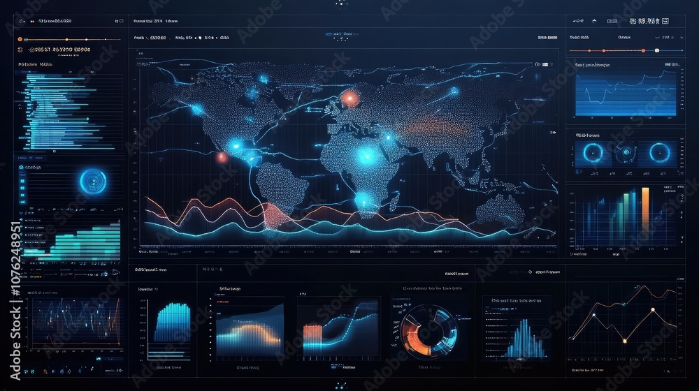 Poster a futuristic digital dashboard with various graphs and charts showcasing global data, including a ma