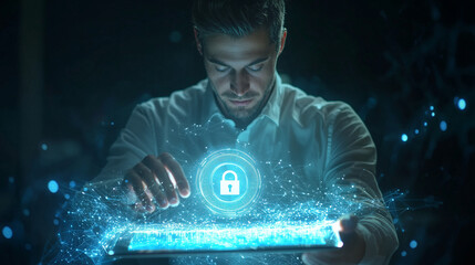 Businessman with Holographic Lock Icon on Tablet Displaying Security