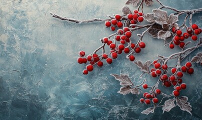 A painting of a branch covered in red berries and snow
