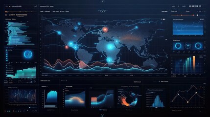 A futuristic digital dashboard with various graphs and charts showcasing global data, including a map of the world with glowing blue lines and points.