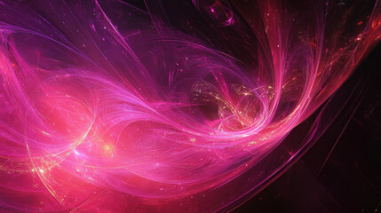 Vivid cosmic particles in vibrant pink and purple form a circular energy field. This abstract backdrop depicts shimmering lights and pulsating energy rays.