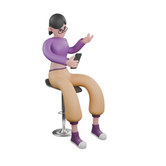 3D Cartoon Dance Performer Artist. A female dancer sits on a bar stool facing left while looking at the cellphone in her right hand then extends her left palm forward. Dance Star Model
