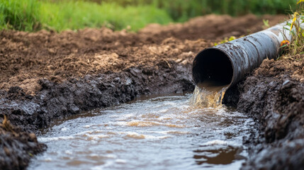 Water is leaking from a broken black pipe on a farm. The water is constantly flowing.