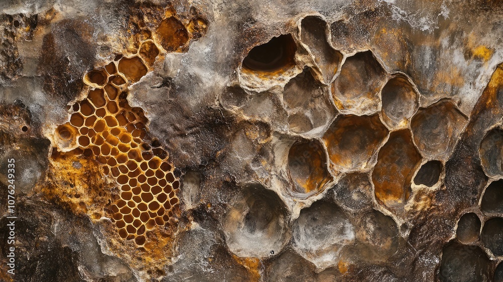 Poster a close-up view of honeycomb embedded in rock, showing the intricate details of the hexagonal cells.