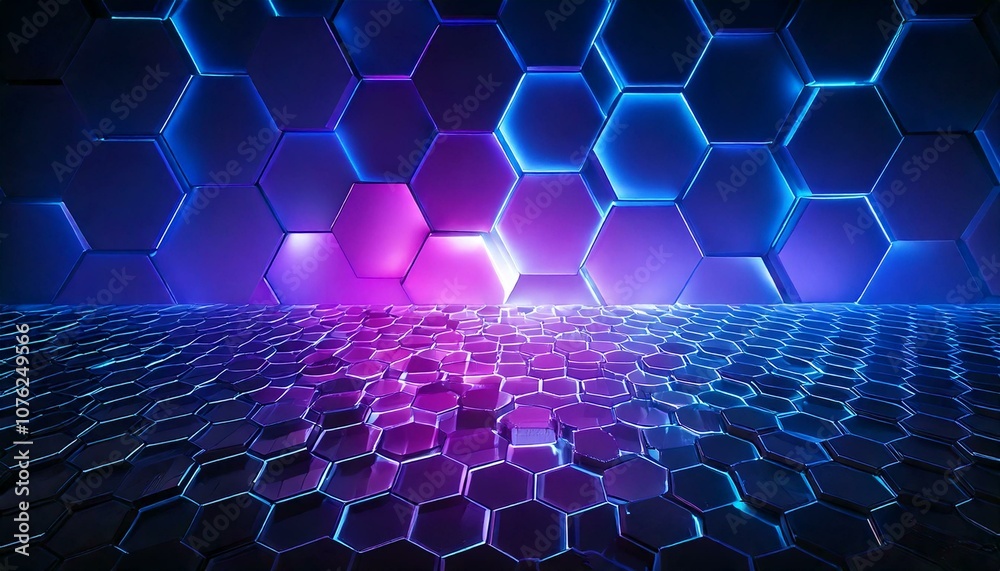 Poster mimimal abstract background hexagon pattern glowing light blue and purple