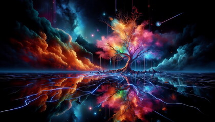 Colorful , Magical Big Tree, Background,  Landscape, Bright and Tranquil Nature, for Home Decor, YouTube Thumbnail, Design, Music Cover Art, 4K Wallpaper