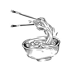 A bowl of steaming noodles being lifted with chopsticks in a minimalistic design, capturing the essence of Asian culinary traditions