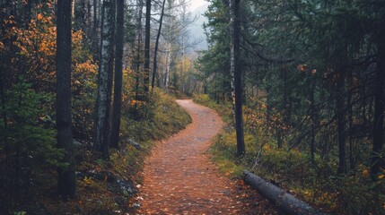 Fototapeta premium Winding Forest Path with Fallen Leaves