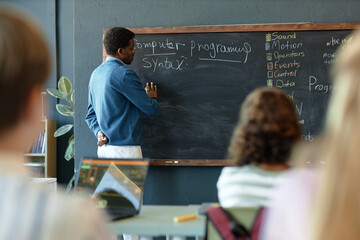 Back view of African American male teacher writing on blackboard in school classroom and explaining...