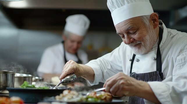A senior male chef in a white uniform and a black and white striped apron carefully plates a meal in a busy kitchen.