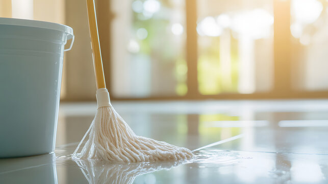 close up shot of mop being squeezed out in bucket, showcasing cleaning process on shiny floor. warm sunlight enhances fresh and clean atmosphere