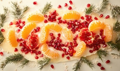 A fruit salad with oranges and pomegranates on a white plate