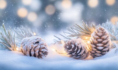Three pine cones are lit up and placed on a snowy ground