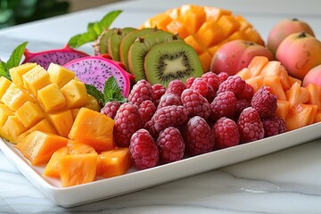 A Colorful Array of Fresh Fruits in a White Serving Dish