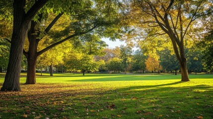 A Tranquil Park Scene with Lush Green Grass and Autumnal Trees
