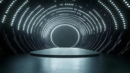 97. A futuristic 3D stage with glowing geometric elements and rotating patterns, leaving a clear area for a product.